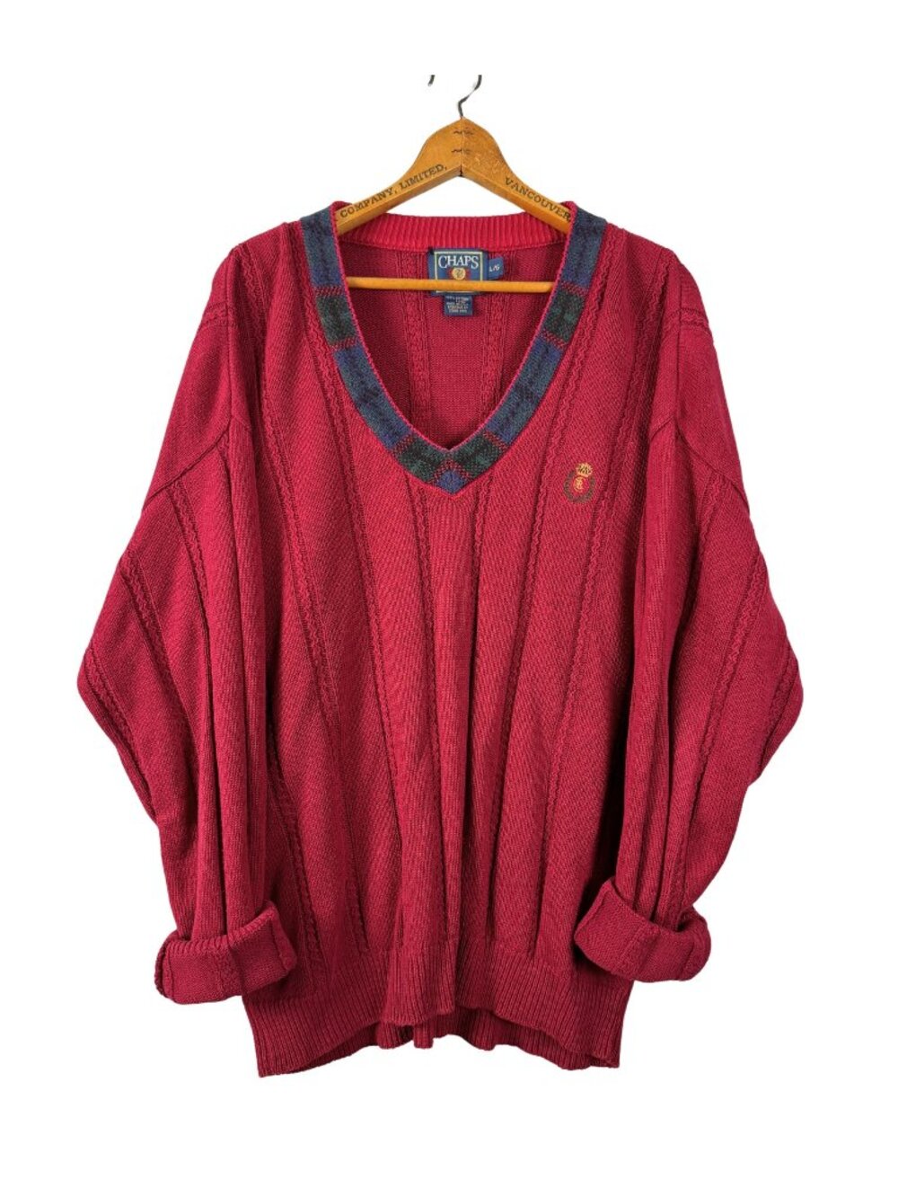Chaps Ralph Lauren Sweater, Burgundy Cotton Knit, Preppy V Neck Pullover